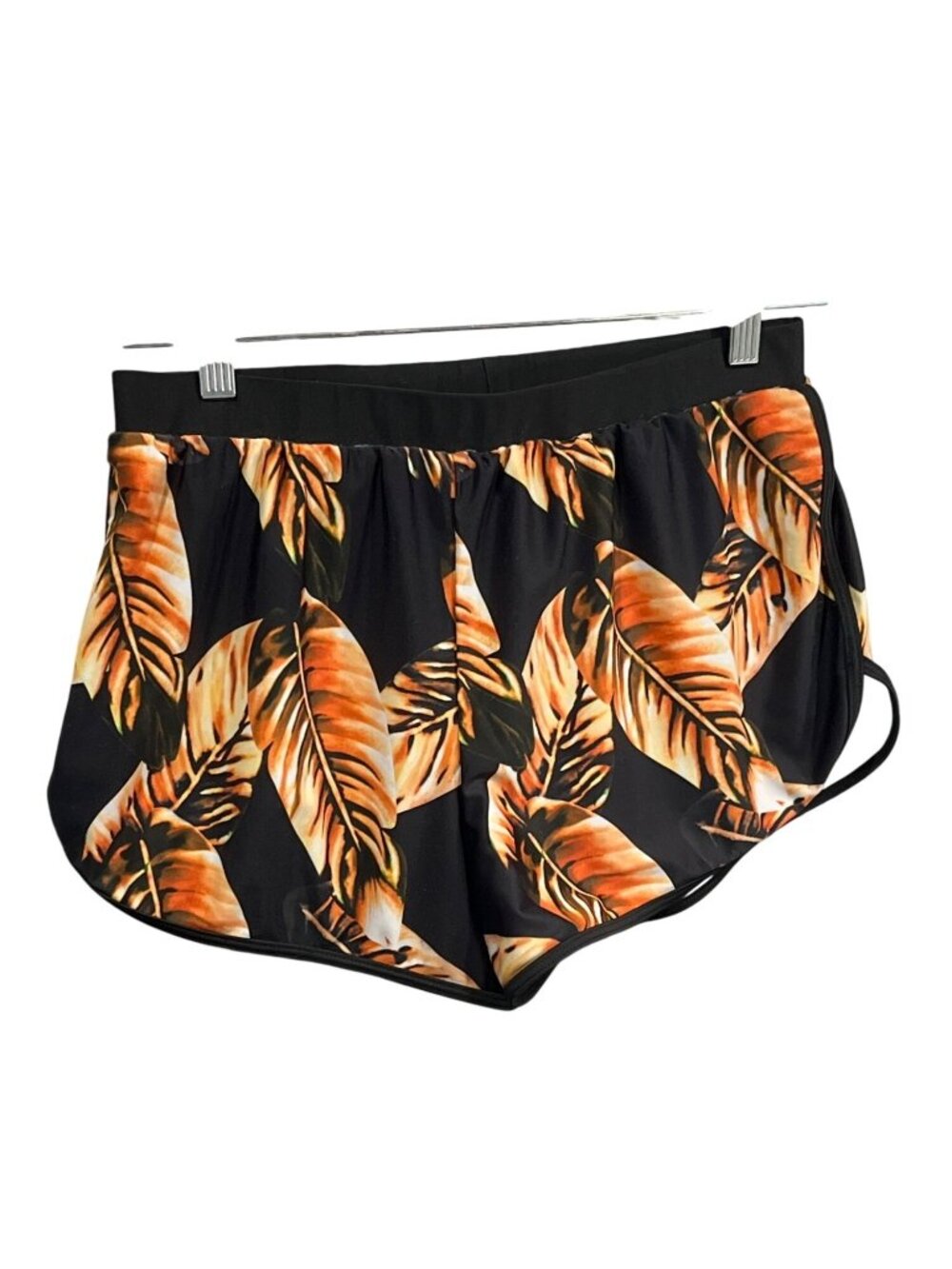 Tropical Leaf Print Shorts XL Black & Orange Elastic Waistband Polyester Blend 1